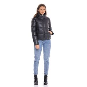 Women's Faux Leather Puffer Jacket Black Puffy Coat - S.E.B. By SEBBY Size 3X